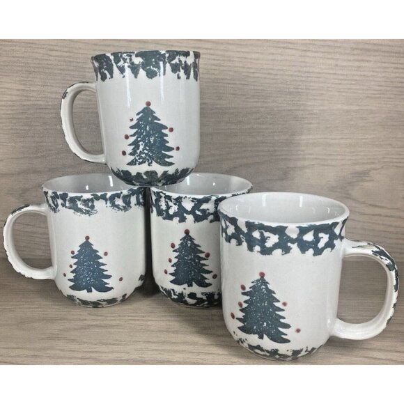 Tienshan Folkcraft Winter Wonderland 4 Coffee Mugs Vtg Spongeware Christmas Tree - Picture 1 of 6
